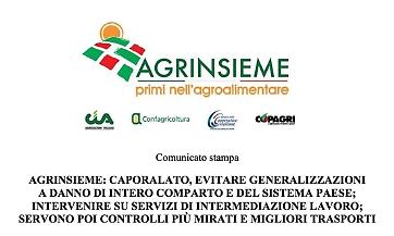 AGRINSIEME: CAPORALATO, EVITARE GENERALIZZAZIONI A DANNO DI INTERO COMPARTO E DEL SISTEMA PAESE; INTERVENIRE SU SERVIZI DI INTERMEDIAZIONE LAVORO; SERVONO POI CONTROLLI PI&Ugrave; MIRATI E MIGLIORI TRASPORTI